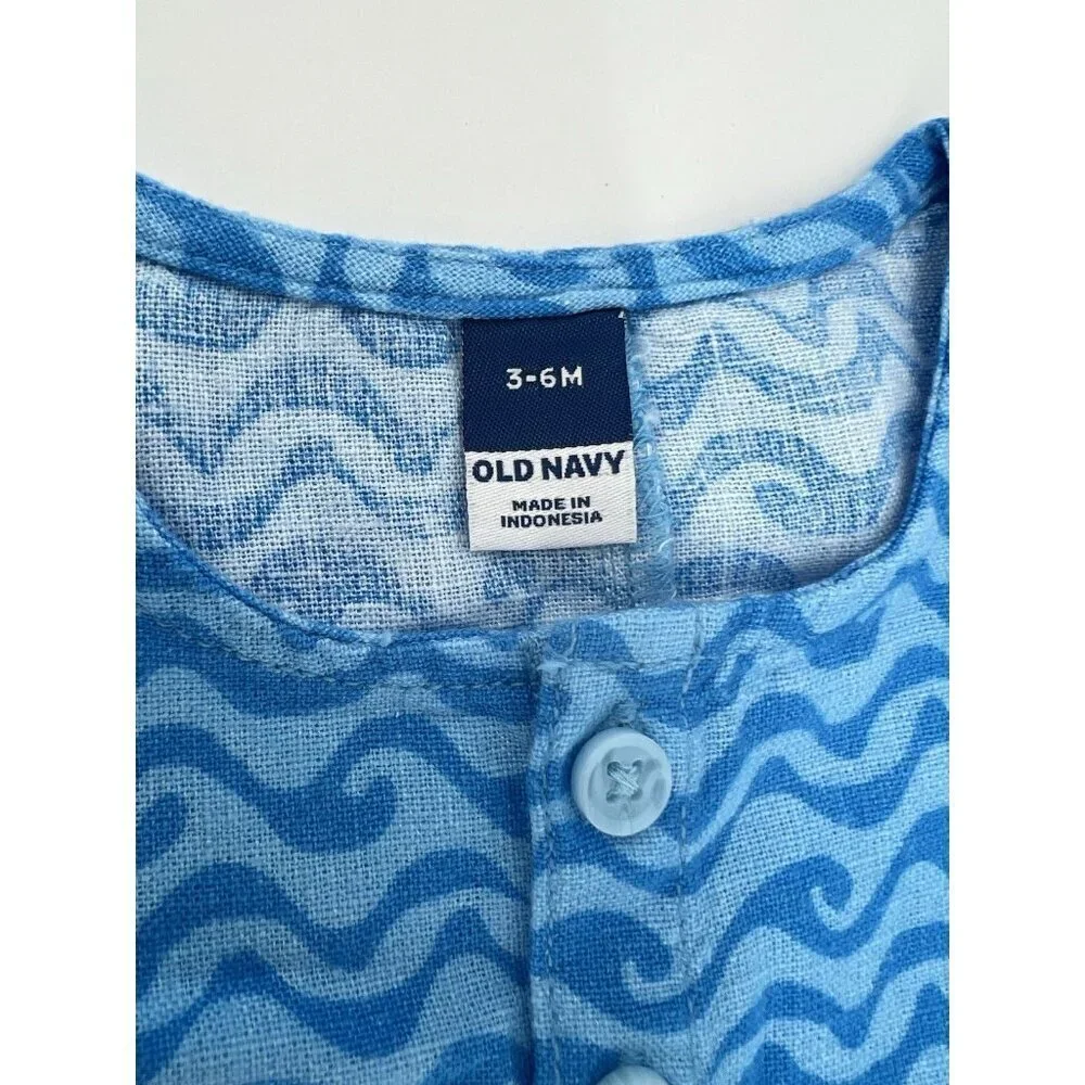 Old Navy Baby Romper Blue Wave Sleeveless Linen Henley One Piece 3-6 months